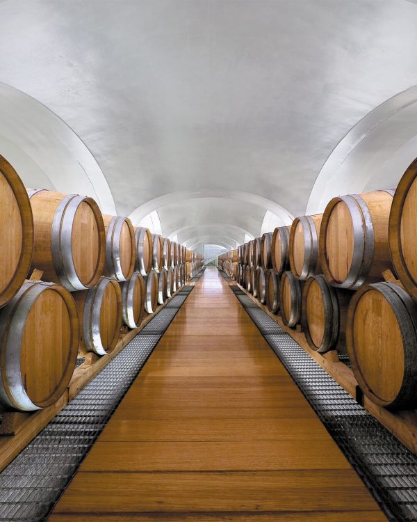 La bottaia all'interno della cantina Feudi di San Gregorio con il particolare del soffitto a volte